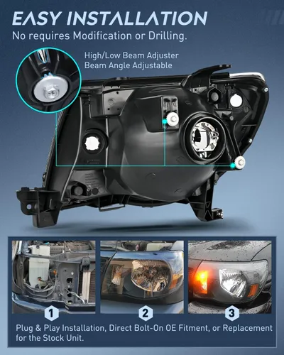 Vista 7 de Ensemble de phares Nilight para 2005 2006 2007 2008 2009 2010 2011 Toyota Tacoma Faro de repuesto Carcasa negra Reflector ámbar