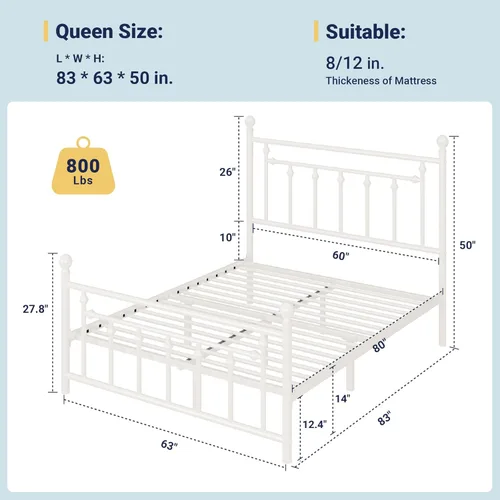 Vista 2 de Allewie Armazón de Cama de Plataforma de Metal de 14 Pulgadas Tamaño Queen con Cabecera y Pie de Cama Vintage Victoriano/Base