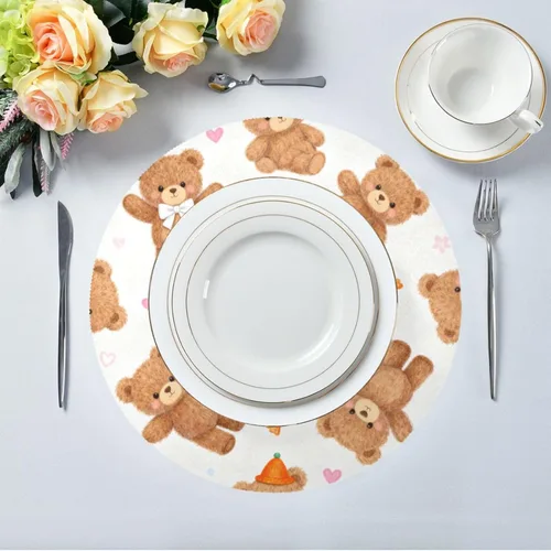 Vista 5 de Cartoon Cute Brown Teddy Bear Round Jute placemats placemat with Plate Set of 4 15x15 in manteles para mesa