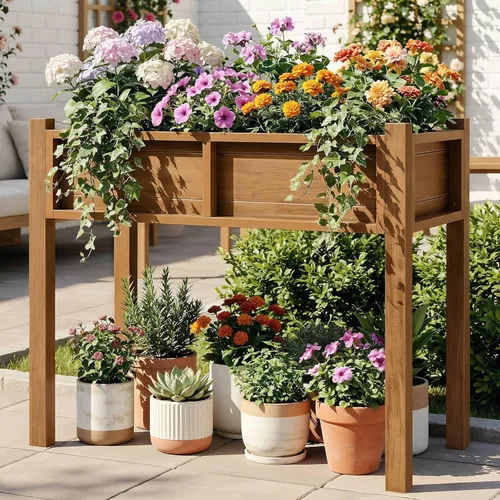 Vista 21 de DWVO Cama de jardín elevada de polietileno de alta densidad de 47 x 18 x 31 pulgadas, resistente a la intemperie, maceta con patas y ruedas