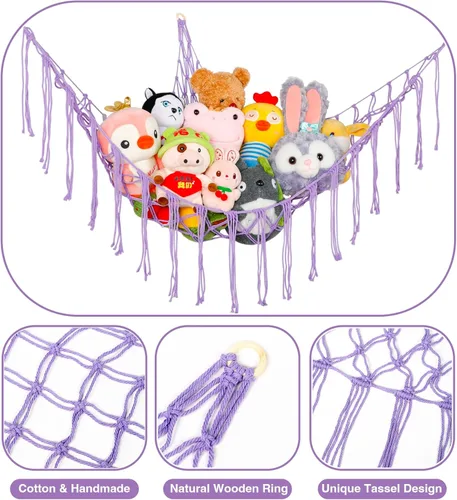 Vista 3 de Hamaca Esquinera para Animales de Peluche, Red Grande Tejida a Mano para Hamaca de Juguetes de Peluche con Anillos de Madera Almacenamiento Boho
