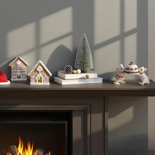 Vista 4 de Braxio Decoración navideña para interiores, kit de casa de jengibre, 2 piezas con luz LED, casas de resina en miniatura de 3 pulgadas