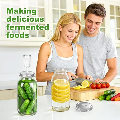 Vista 2 de Kit de fermentación para tarros Mason de boca ancha (3.386 in), tapas de fermentación de acero inoxidable 316, pesos de vidrio, sistema de esclusa