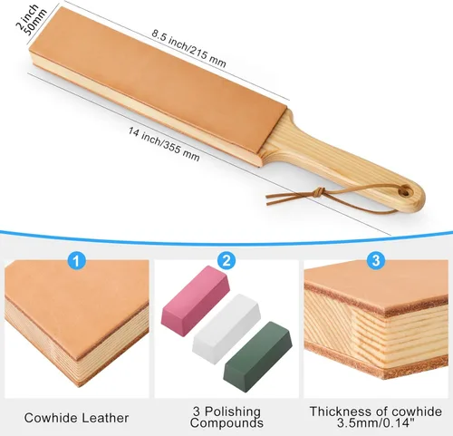 Vista 2 de ANGERSTONE Double Side Leather Strop for Knife Sharpening - 14"x 2" Stropping Block Kit with Polishing Compound, Knife Strop with Ergonomic Handle