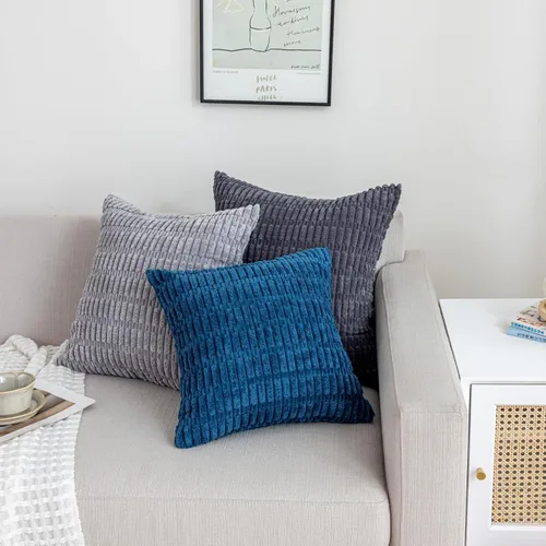 Vista 5 de Paquete de 2 fundas de almohada decorativas azules de 18 x 18 pulgadas, fundas de cojín de pana bohemia a rayas, decoración moderna de casa de campo