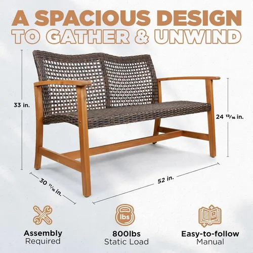 Vista 2 de IDZO Harmonie - Muebles de sofá biplaza para exteriores con capacidad de 800 libras, sofá de patio de acacia certificado FSC con mimbre resistente a