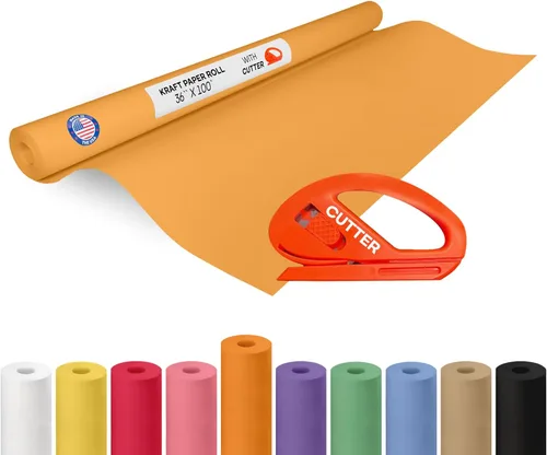 Vista 116 de Rollo de papel kraft amarillo de 36" x 1200" (100 pies) con cortador - Papel de regalo hecho en EE. UU. para embalaje, mudanza, envío
