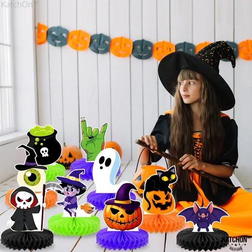 Vista 3 de KatchOn, Centros de mesa de panal de abeja de Halloween, paquete de 9, decoraciones de mesa de fiesta de Halloween, centros de mesa de fiesta
