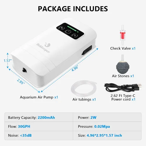 Vista 9 de fishkeeper Bomba de aire recargable para acuario, bomba de aire aireadora para tanque de peces de hasta 60 galones, bomba de oxígeno portátil