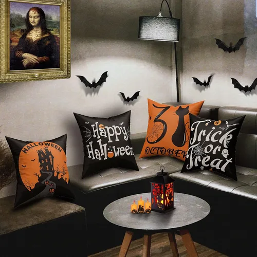 Vista 6 de CREATRILL Juego de 4 fundas de almohada de Halloween de 18 x 18 pulgadas, funda de almohada de lino suave con castillo de gato negro, decoración