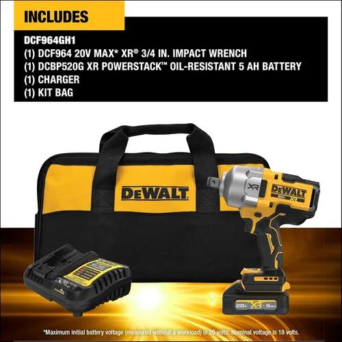 Vista 2 de DEWALT Kit de llave de impacto inalámbrica 20V MAX XR de 3/4 pulgadas con batería POWERSTACK y cargador (DCF964GH1)