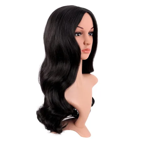 Vista 2 de MapofBeauty 22 pulgadas/21.7 in moda larga fibra sintética pelo rizado parte media Cosplay peluca (negro)
