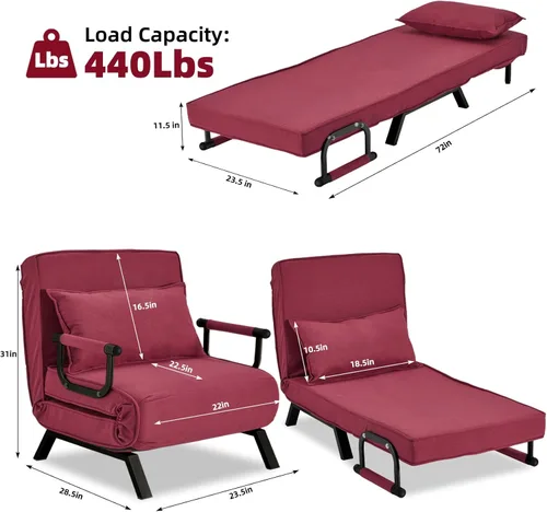 Vista 3 de Hupmad Silla Cama Convertible Reclinable, Sillón Reclinable Tapizado Tri-plegable con Almohada, Sofá Chaise Lounge Plegable de Ocio, Respaldo