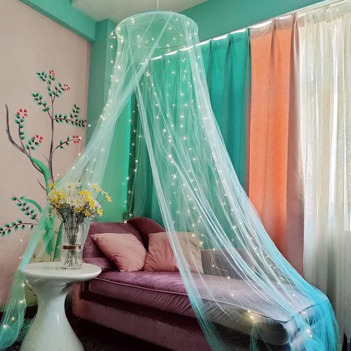 Vista 14 de Dosel de cama Eimilaly con mosquitera y 250 piezas de luces de cortina blancas cálidas, dosel de cama para decoración de habitación de niñas