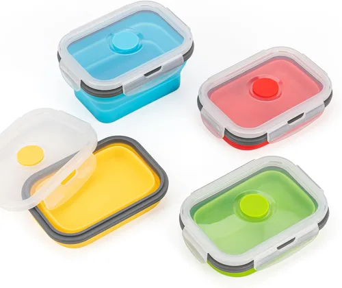 Recipientes plegables de almacenamiento de alimentos con tapa hermética, 11.8 oz, juego de 4 recipientes pequeños de silicona apilables para la