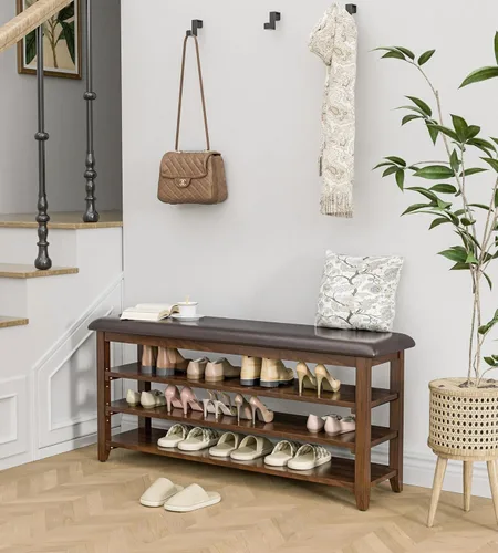 Vista 13 de Banco de zapatos con cojín de cuero, banco de entrada de madera maciza rústica con 2 estantes ajustables en altura y extraíbles para pasillo, sala