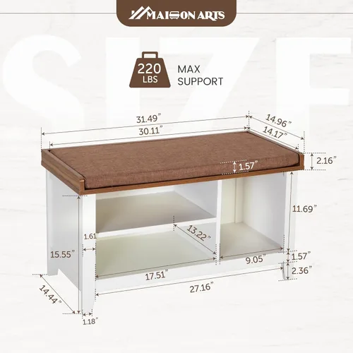 Vista 3 de MAISON ARTS Banco de almacenamiento de zapatos con cojín de asiento acolchado, bancos de MDF de alta calidad con 3 compartimentos para entrada