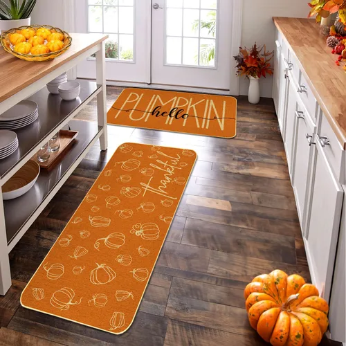 Vista 6 de Juego de 2 tapetes de cocina de otoño naranja con texto en inglés "Hello Pumpkin" para decoración del hogar, tapetes de cocina de bajo perfil