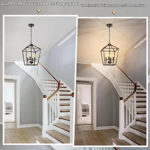 Vista 7 de Lámpara de araña de granja de 4 luces, lámpara de techo rústica tipo linterna con jaula de metal pintado de madera y cadena ajustable, luminaria
