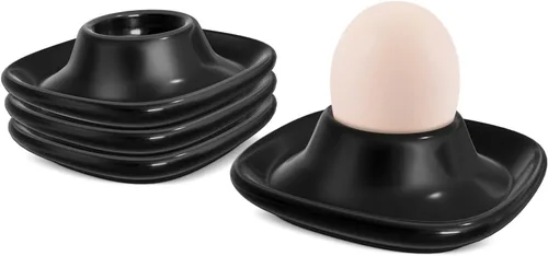 Flexzion Juego de 4 soportes suaves para huevos hervidos – 4 piezas de taza de huevos de cerámica negra, tazas apilables con base para servir,