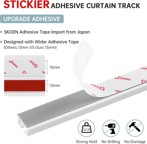 Vista 2 de TYRON Riel de Cortina Adhesivo para Montaje en Techo o Pared (32" / 2.7 pies), Divisor de Habitación para Riel de Techo, Barra de Cortinas
