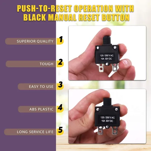 Vista 6 de Swpeet Disyuntor térmico de 30 piezas de 15 amperios con terminales de conexión rápida y tapas de botón impermeables, kit surtido de disyuntores