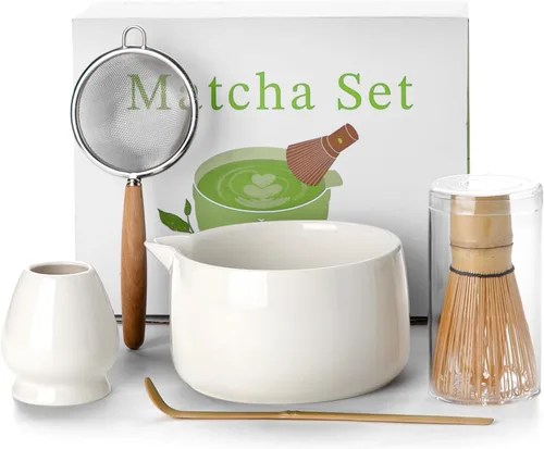 Vista 16 de Juego de batidor de matcha blanco – Juego de 5 piezas incluye chawan de 17 onzas con boquilla, batidor de bambú Chasen con soporte de cerámica