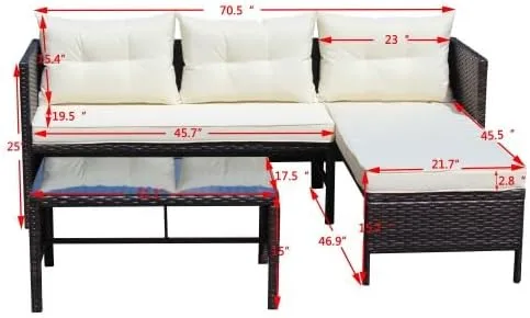 Vista 9 de Sofá al aire libre, juego de muebles de mimbre de ratán de 3 piezas con cojines beige, muebles de porche duraderos para balcón