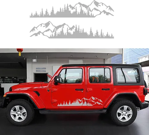 Vista 8 de Adhesivo gráfico de árbol de montaña, bosque, protector solar, impermeable, para puerta lateral, accesorios para camioneta, SUV, todoterreno, Negro