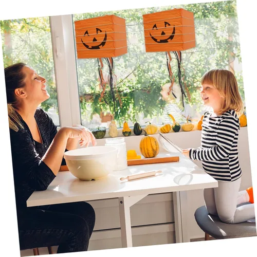 Vista 9 de ABOOFAN 2 linternas de calabaza de papel, luces LED, faroles de Halloween, decoraciones fáciles de colgar para ambiente de fiesta