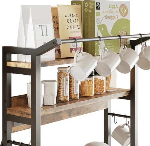 Vista 5 de IRONCK Bakers Rack with Power Outlet, Microwave Stand with Storage, Coffee bar with 9 Hooks, 5 Tier Large Storage Capacity and Strong Metal