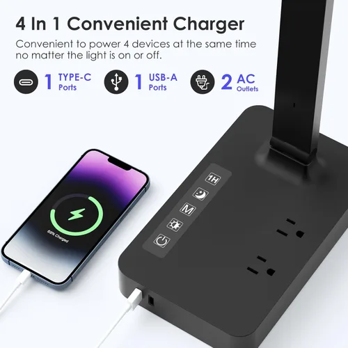 Vista 2 de Infiway Lámpara de escritorio con puerto de carga USB: lámparas de escritorio LED para oficina en casa - 1 USB-A, 1 puerto de carga tipo C, 2 tomas