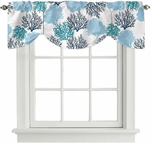 Vista 17 de Cenefa de amarre para ventanas, cortinas náuticas costeras de coral, cenefas con bolsillo para barra, cortinas de ventana con temática de playa