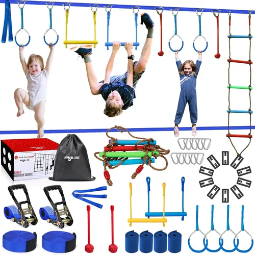 Ninja Warrior - Carrera de obstáculos para niños, kit de línea floja de 2 x 56 pies con 10 accesorios ninja, barra de mono, escalera de cuerda,