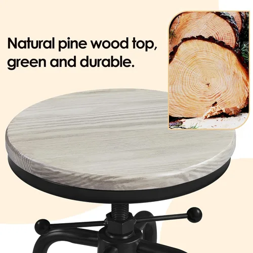 Vista 6 de Yaheetech Taburete de bar industrial vintage, taburete rústico de altura de mostrador, taburete de metal ajustable con asiento redondo de madera