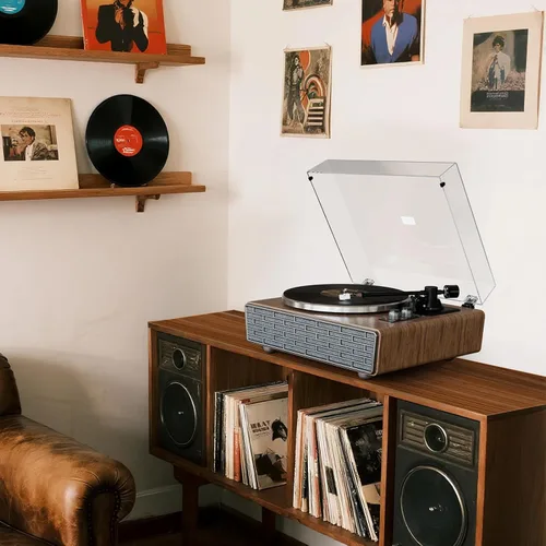Vista 7 de XJ-HOME Reproductor de discos de vinilo todo en uno con 4 altavoces estéreo de agudos/bajos, tocadiscos de alta fidelidad Bluetooth para discos