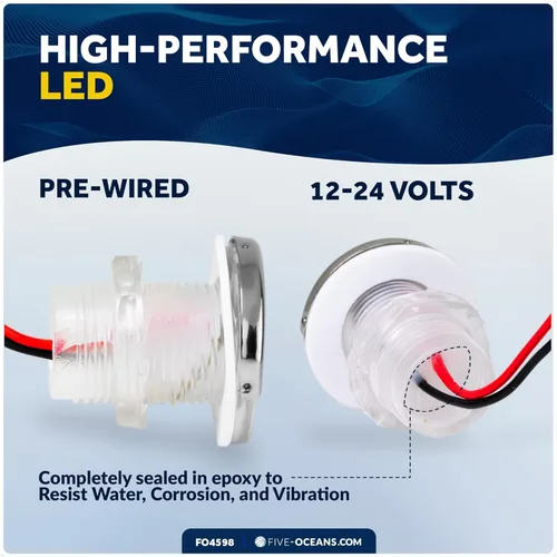 Vista 3 de Five Oceans Luces LED de cortesía para barco, 1-5/16 pulgadas, redonda, media cubierta de acero inoxidable 316, impermeable IP68, blanco frío, 12 V