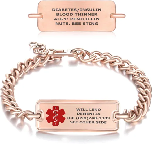Vista 12 de Divoti Pulsera de Alerta de Identificación Médica Grabada Personalizada, Condiciones Personalizadas de 4 Líneas Cadena de Cuerda de Acero