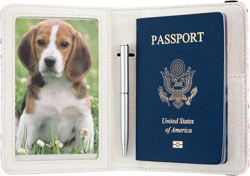 Vista 5 de Soporte para pasaporte para mujer, cartera de viaje con bloqueo RFID, funda de cuero para tarjetas, organizador de documentos de viaje, tarjetero