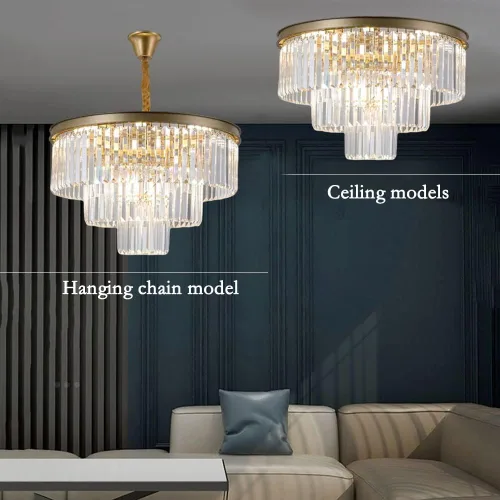 Vista 6 de Lámpara colgante de cristal de 24 pulgadas, moderna lámpara de araña de 3 niveles dorada de montaje empotrado cerca de luces de techo para sala