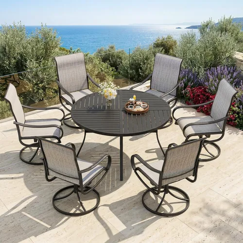 Vista 27 de PHI VILLA Juego de comedor de 5 piezas para patio al aire libre con 4 sillas de comedor giratorias y 1 mesa de comedor similar a la madera, silla