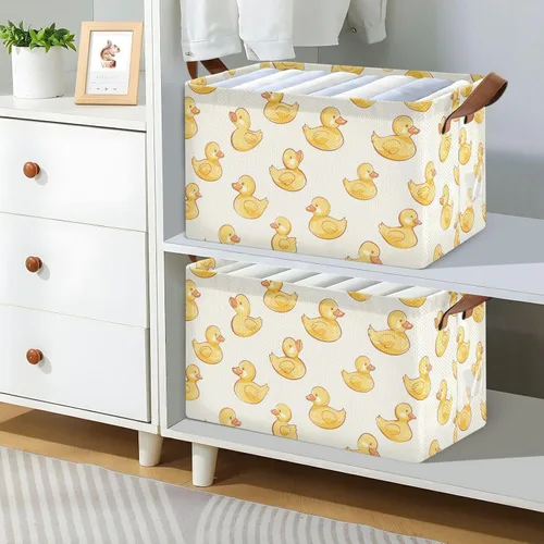 Vista 7 de KLL Hand-painted Cartoon Yellow Duck Foldable Storage Baskets Fabric Storage Bins with Handles Closet Organizers for Shelves Closet Toys Books 2 Pack