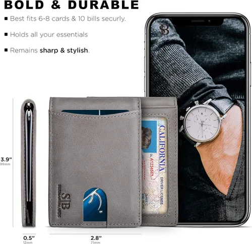 Vista 5 de SERMAN BRANDS Billeteras minimalistas de bolsillo frontal con bloqueo RFID para hombres con clip de dinero, regalo fino