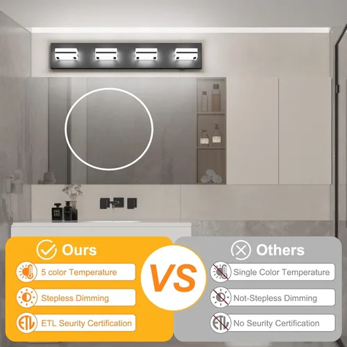 Vista 4 de Ralbay - Luces de tocador de baño de 5 temperaturas de color ajustables, negras, 4 luces, acrílicas, modernas, LED, mate, accesorios de iluminación