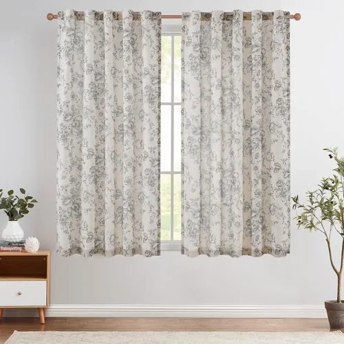 Vista 127 de JINCHAN Cortinas de mezcla de lino con flores para sala de campo francés, cortinas para sala de estar de 84 pulgadas de largo, cortinas impresas