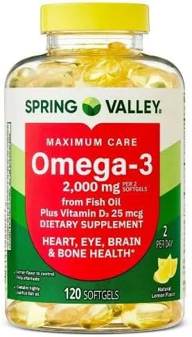 H4U Spring Valley Maximum Care Omega-3 de aceite de pescado Suplemento dietético Cápsulas blandas para la salud ocular, cerebro, huesos y corazón,