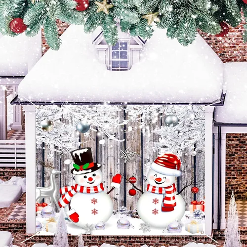 Vista 5 de Qeeenar Pancarta de Muñecos de Nieve para Puerta de Garaje, Decoración de Invierno, Cubierta de Garaje de Vacaciones, Cubierta de Puerta Grande