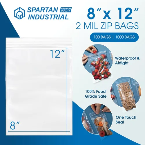 Vista 2 de Spartan Industrial - 8 x 12 pulgadas (100 unidades) Bolsas de polietileno de plástico transparente con cierre de 2 mil con cierre resellable