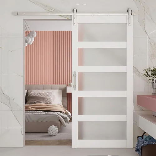 Vista 17 de BARNSMITH Puerta de granero de vidrio de 32 x 84 pulgadas con herrajes para puerta corrediza de níquel cepillado de 5.5 pies incluidos y asa, Blanco