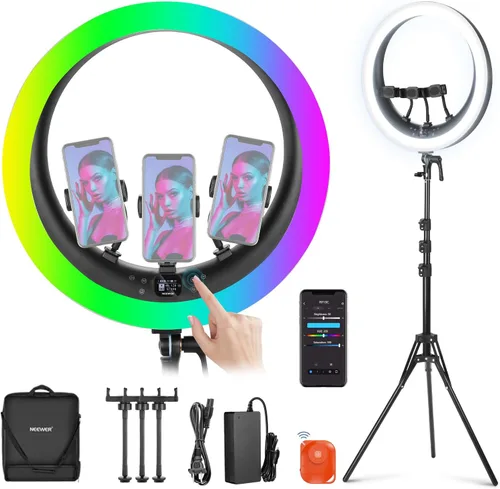 Vista 8 de NEEWER Kit de luz de anillo de 18"/45cm, 58W, 3200K y 5600K, bicolor, regulable, CRI95, LED, iluminación para selfies para iPhone con soporte
